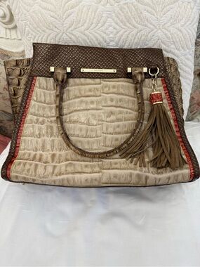 Brahmin Taupe Croc-Embossed Leather Tote with Brown Trim and Red Piping